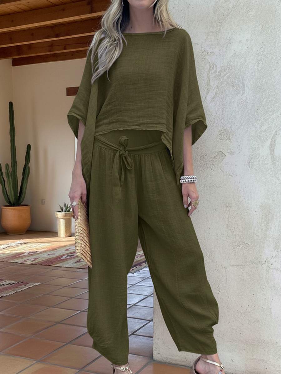 Women's Loose Irregular Hem Top and Trousers Linen Suit