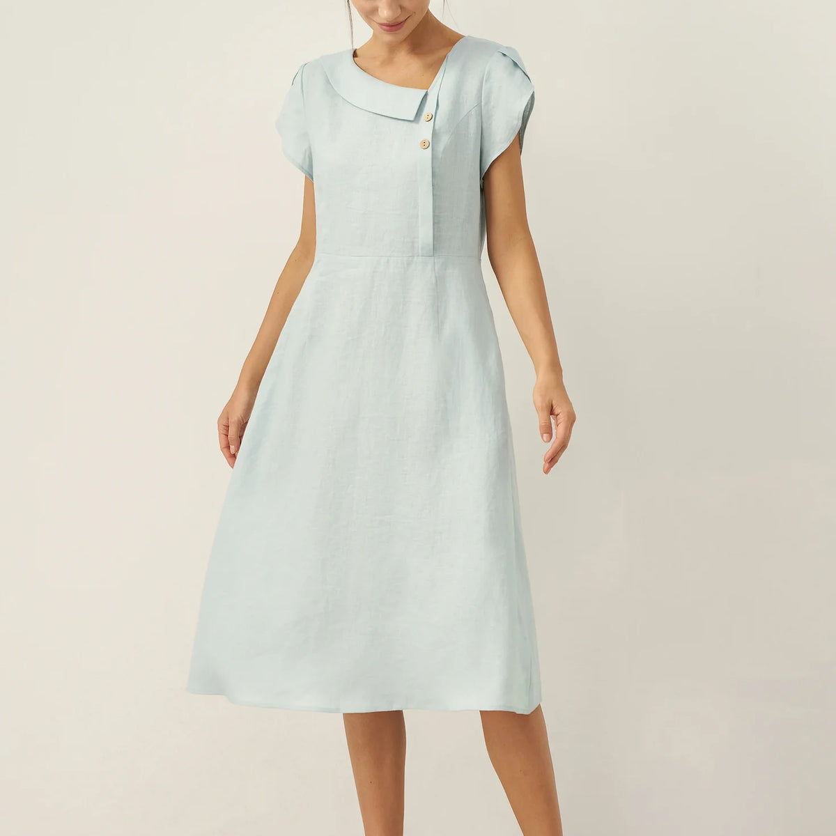 Linen Crescent Collar Flutter Sleeve Midi Dress