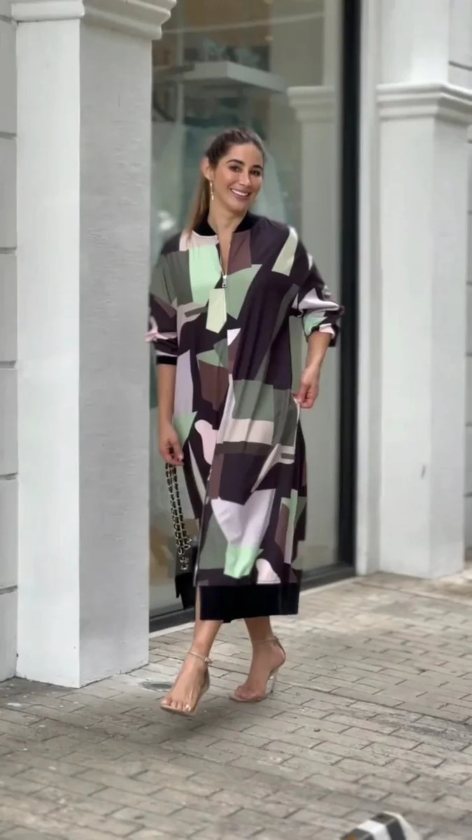 PATCHWORK PRINT CHIC FRONT ZIP DRESS