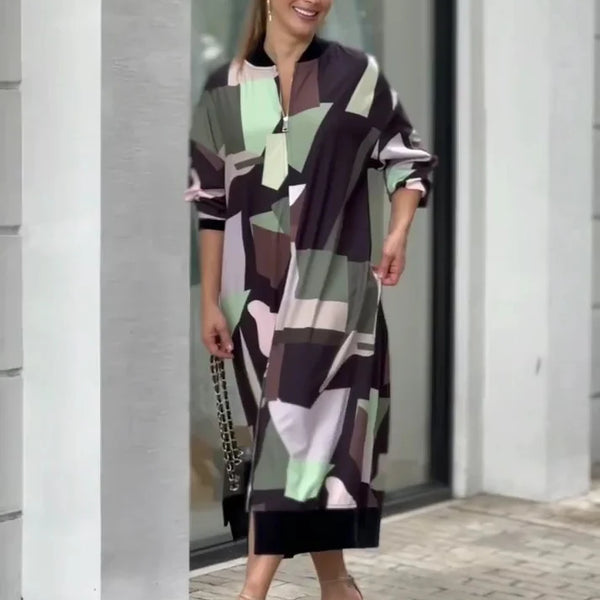 PATCHWORK PRINT CHIC FRONT ZIP DRESS