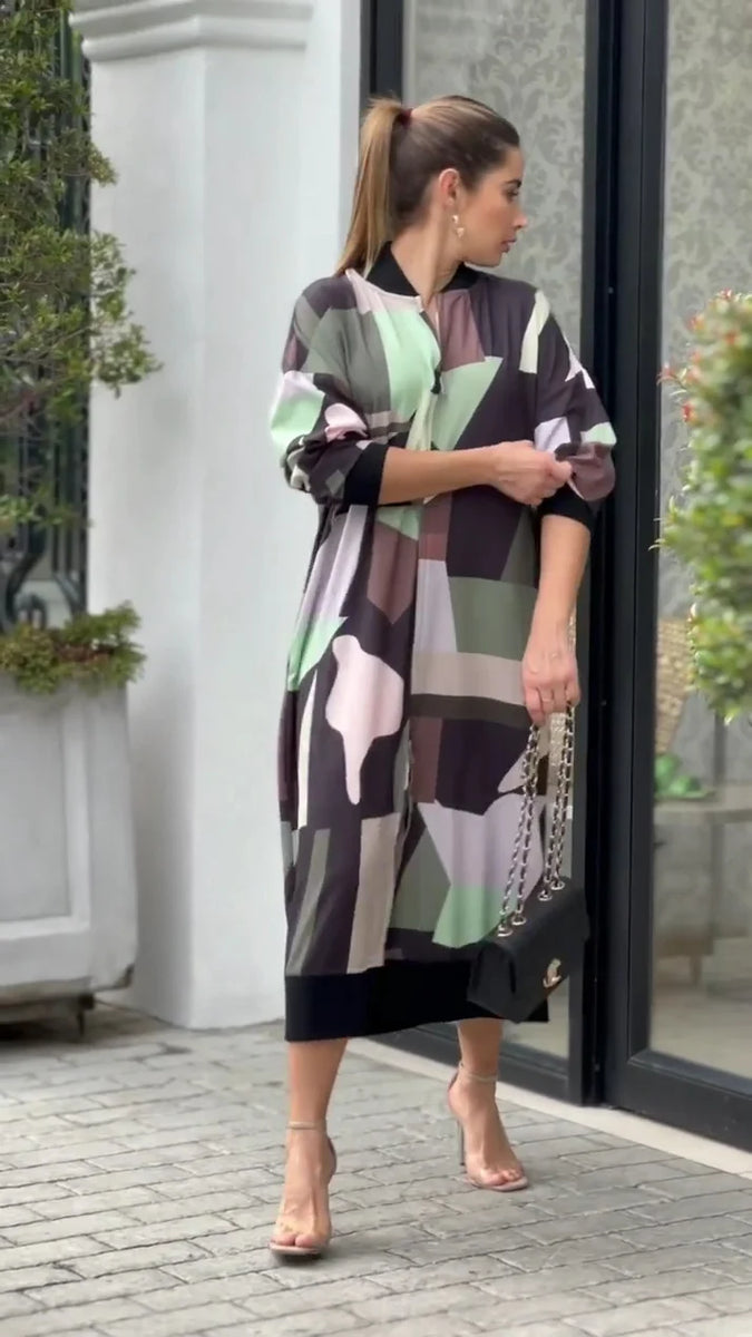 PATCHWORK PRINT CHIC FRONT ZIP DRESS