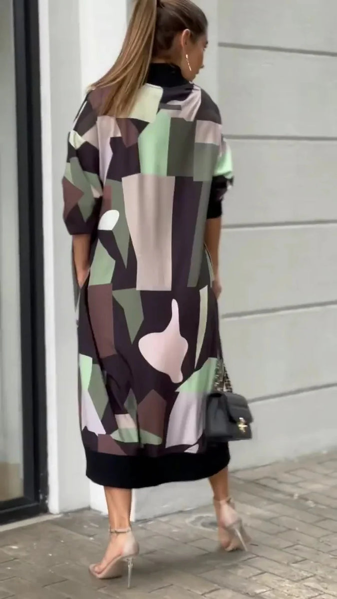 PATCHWORK PRINT CHIC FRONT ZIP DRESS