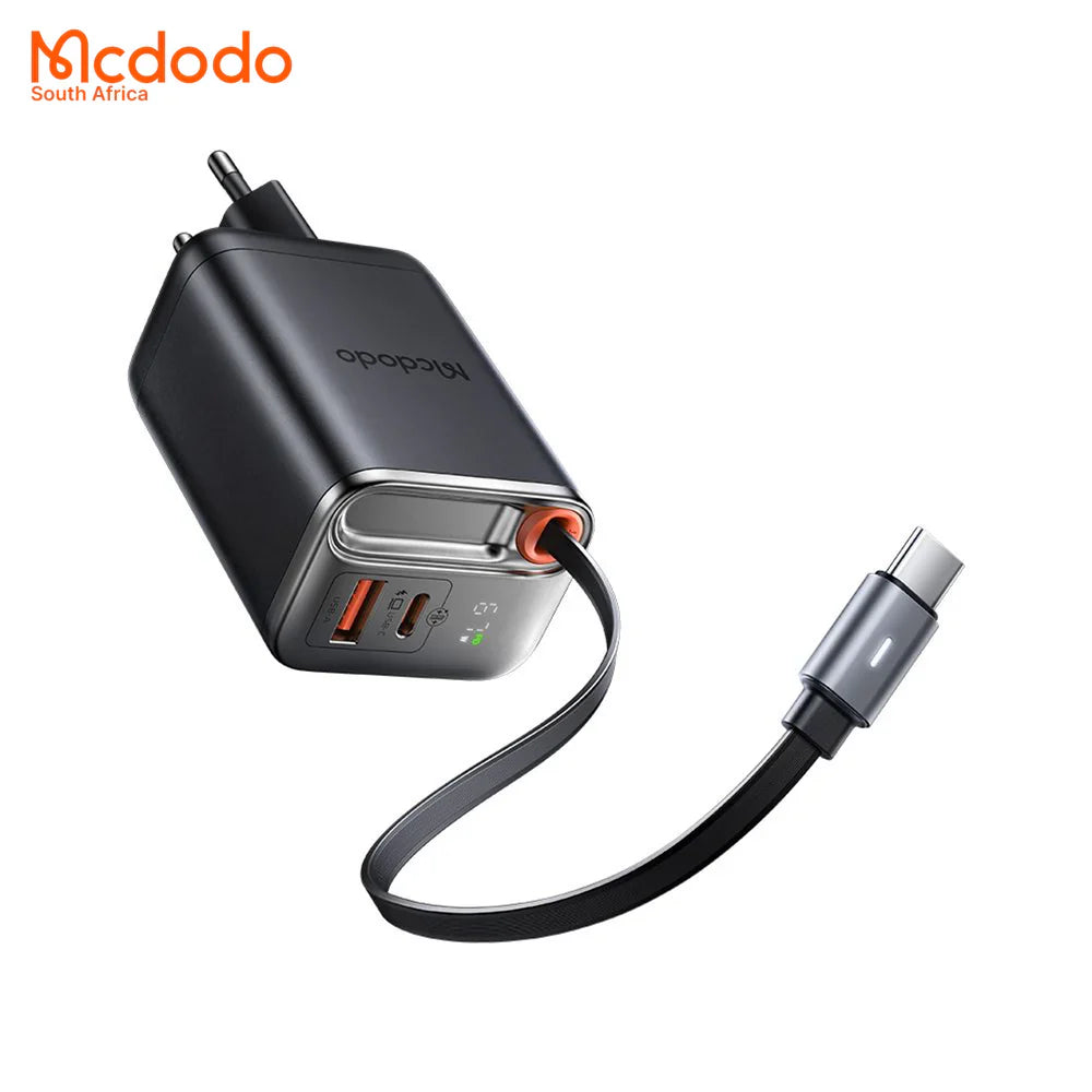 67w GaN Fast Charger Retractable USB-C Cable Digital Watt Display