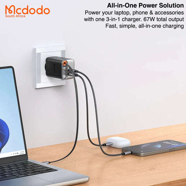 67w GaN Fast Charger Retractable USB-C Cable Digital Watt Display