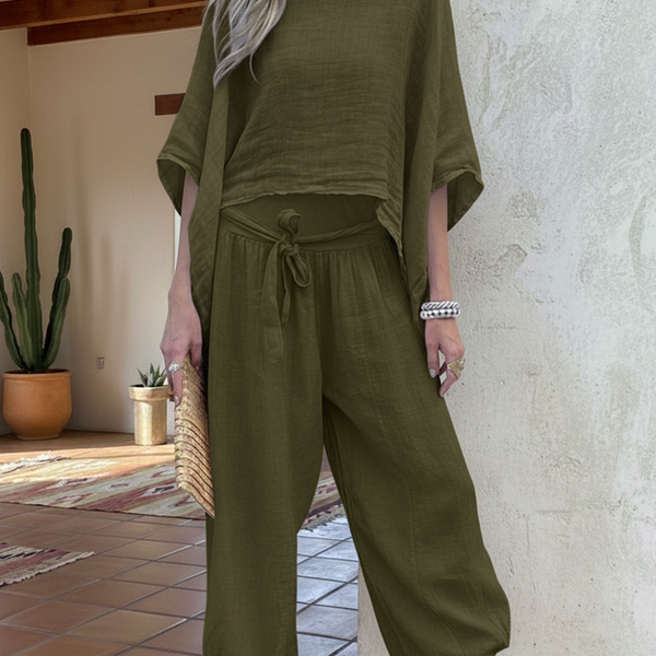 Women's Loose Irregular Hem Top and Trousers Linen Suit
