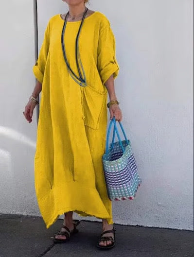 Long cotton and linen dress in patchwork style