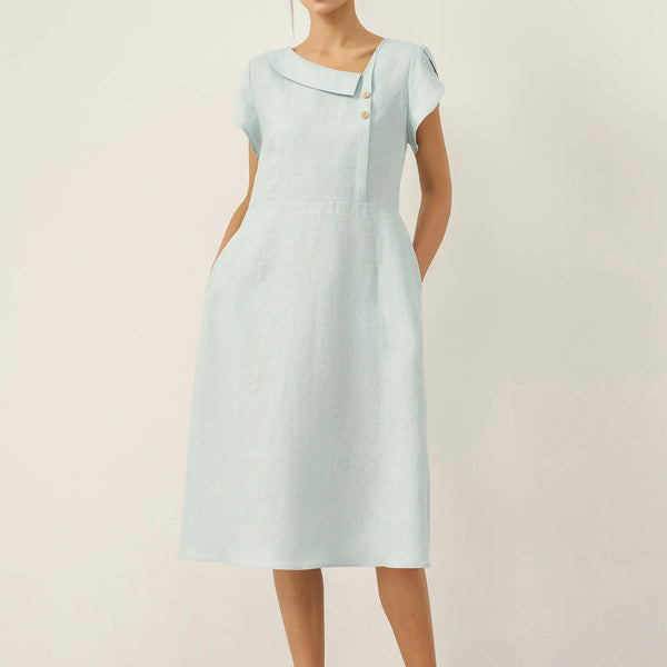 Linen Crescent Collar Flutter Sleeve Midi Dress