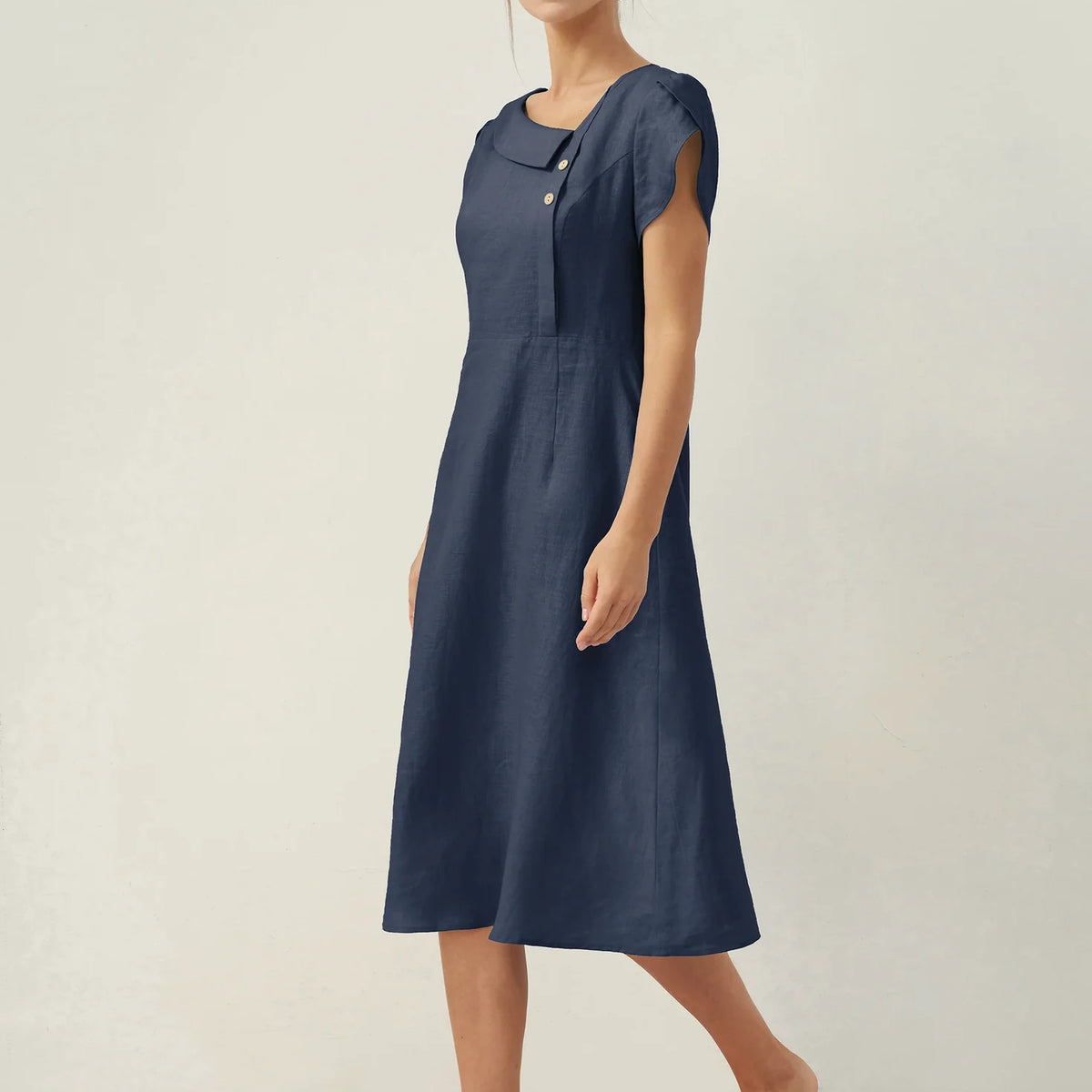 Linen Crescent Collar Flutter Sleeve Midi Dress