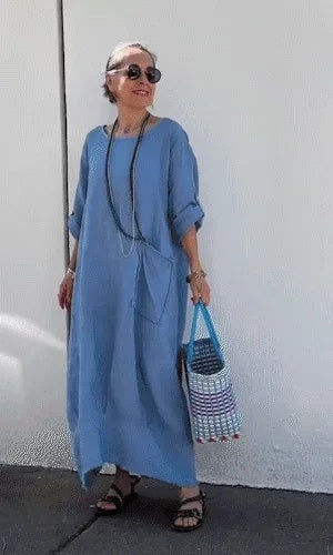 Long cotton and linen dress in patchwork style