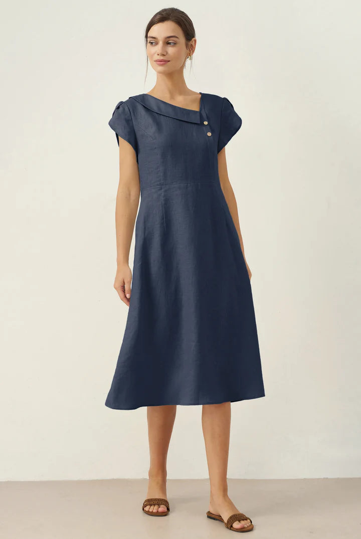 Linen Crescent Collar Flutter Sleeve Midi Dress