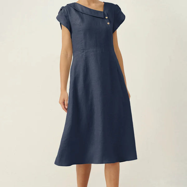 Linen Crescent Collar Flutter Sleeve Midi Dress