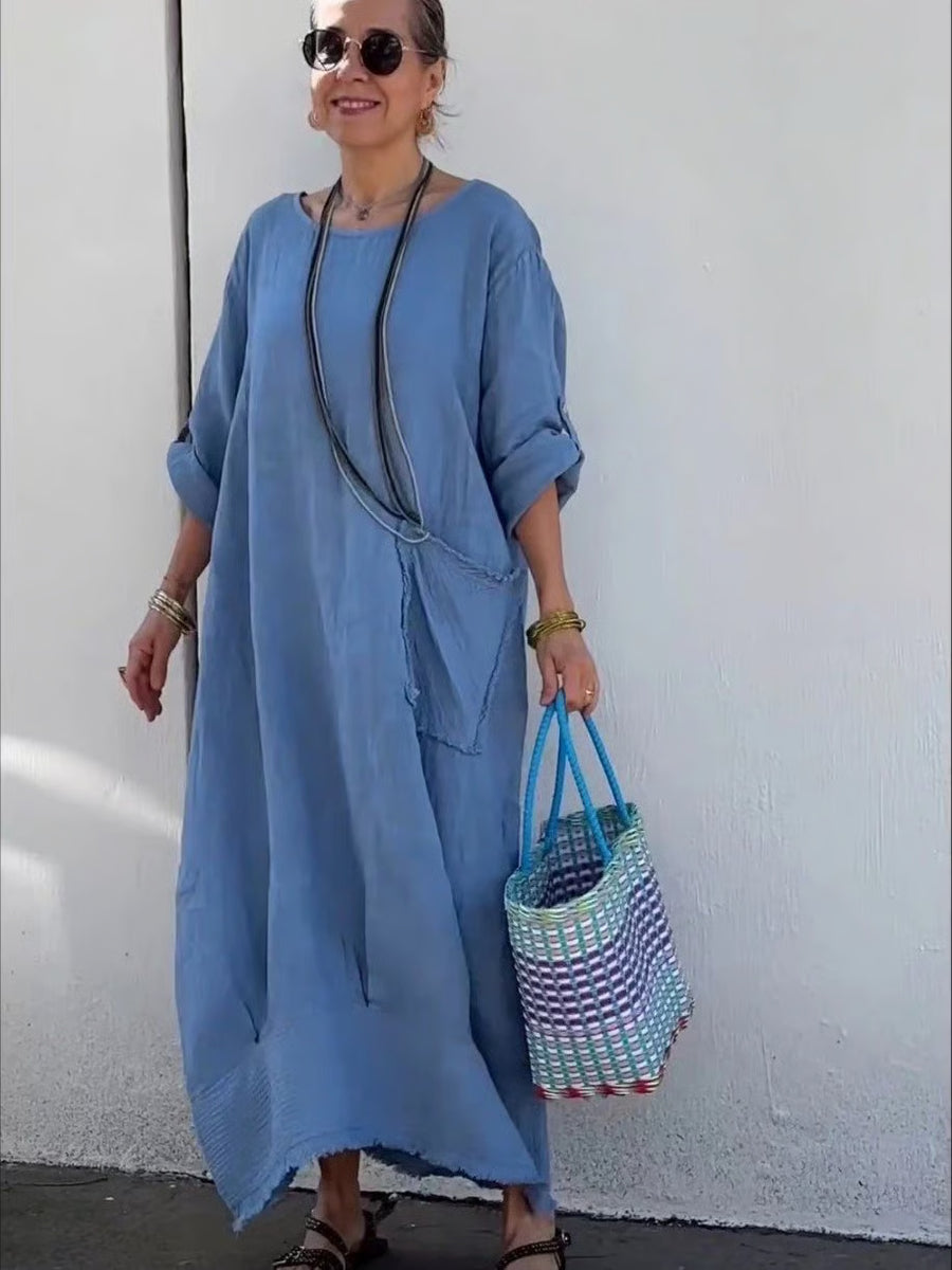 Long cotton and linen dress in patchwork style