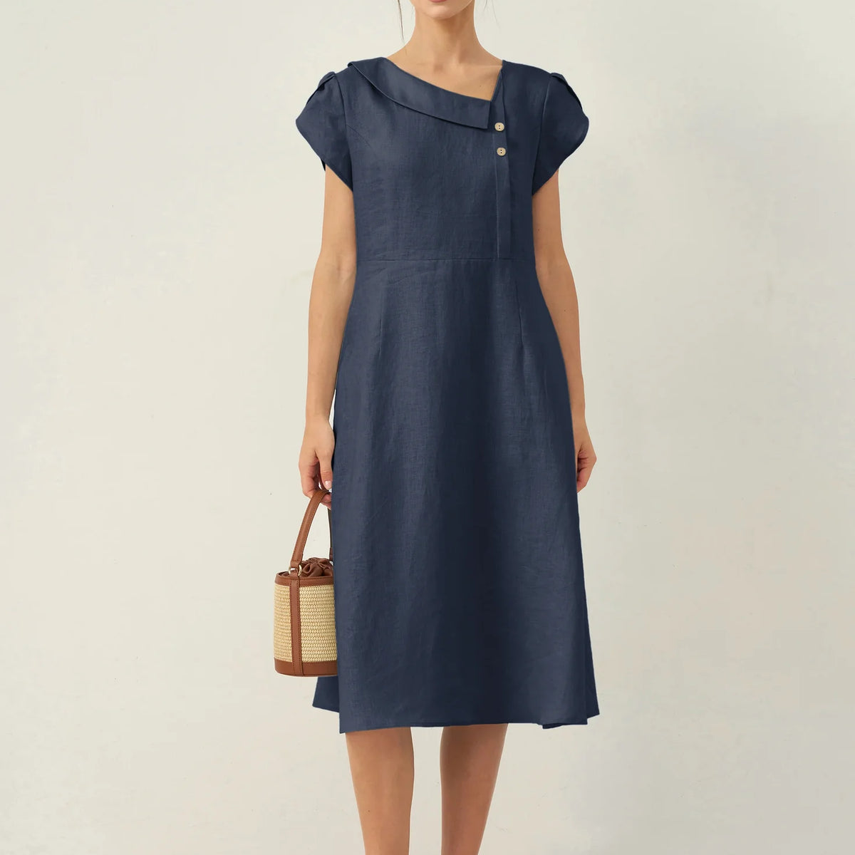 Linen Crescent Collar Flutter Sleeve Midi Dress