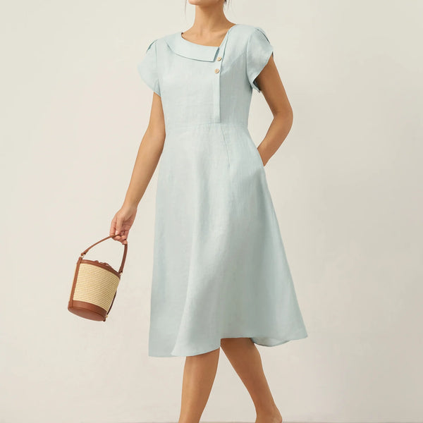 Linen Crescent Collar Flutter Sleeve Midi Dress