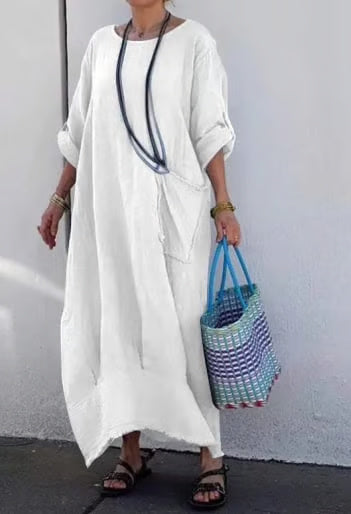 Long cotton and linen dress in patchwork style