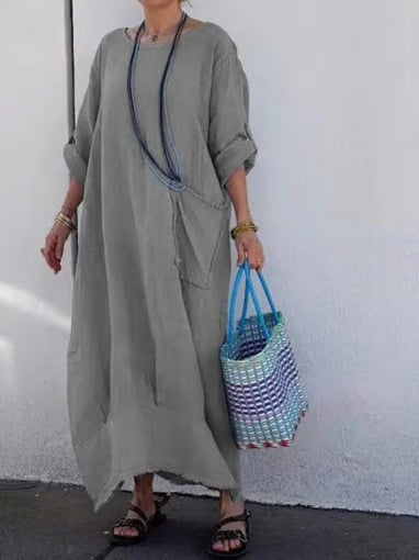 Long cotton and linen dress in patchwork style
