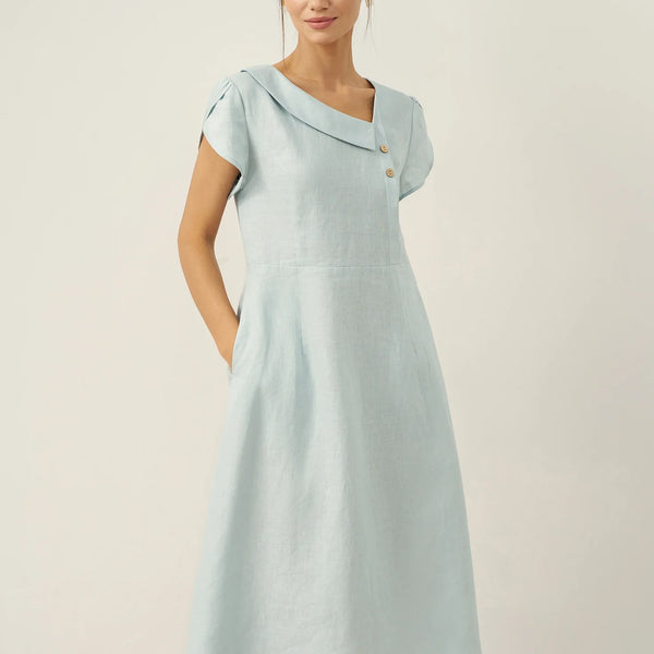 Linen Crescent Collar Flutter Sleeve Midi Dress