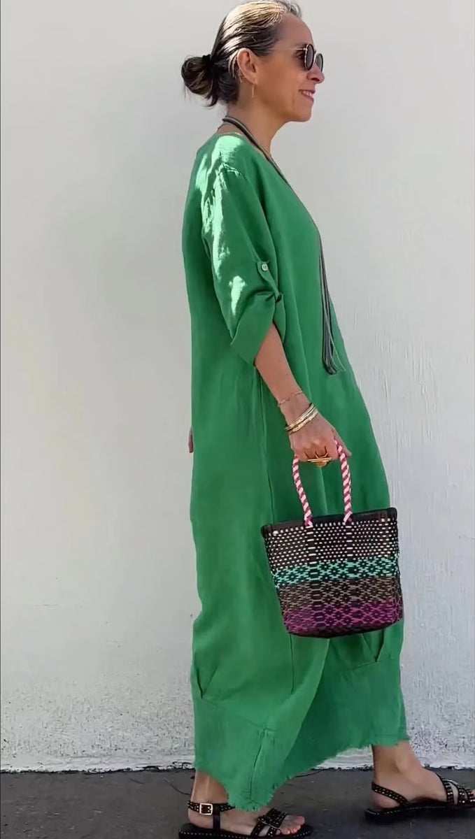 Long cotton and linen dress in patchwork style