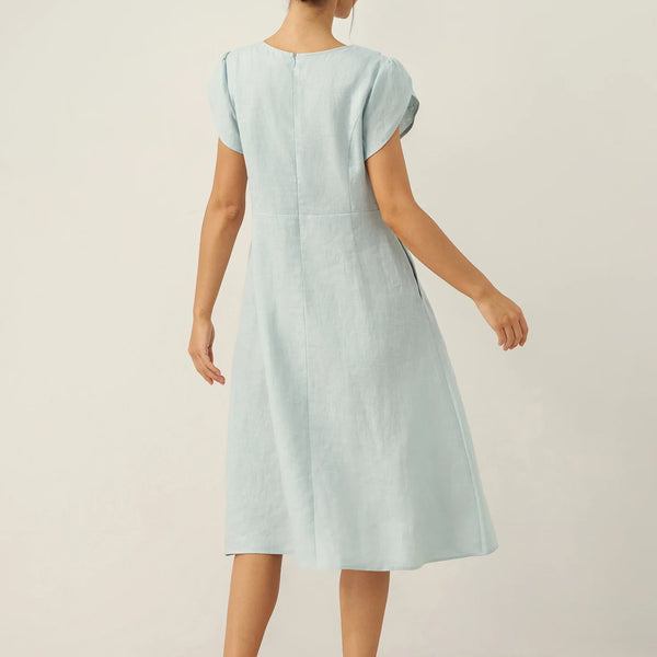 Linen Crescent Collar Flutter Sleeve Midi Dress