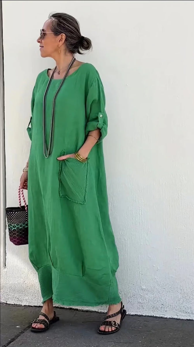 Long cotton and linen dress in patchwork style