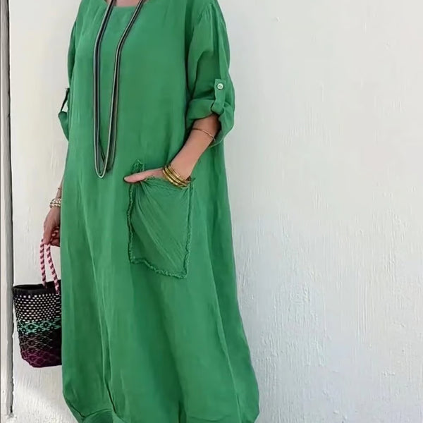 Long cotton and linen dress in patchwork style