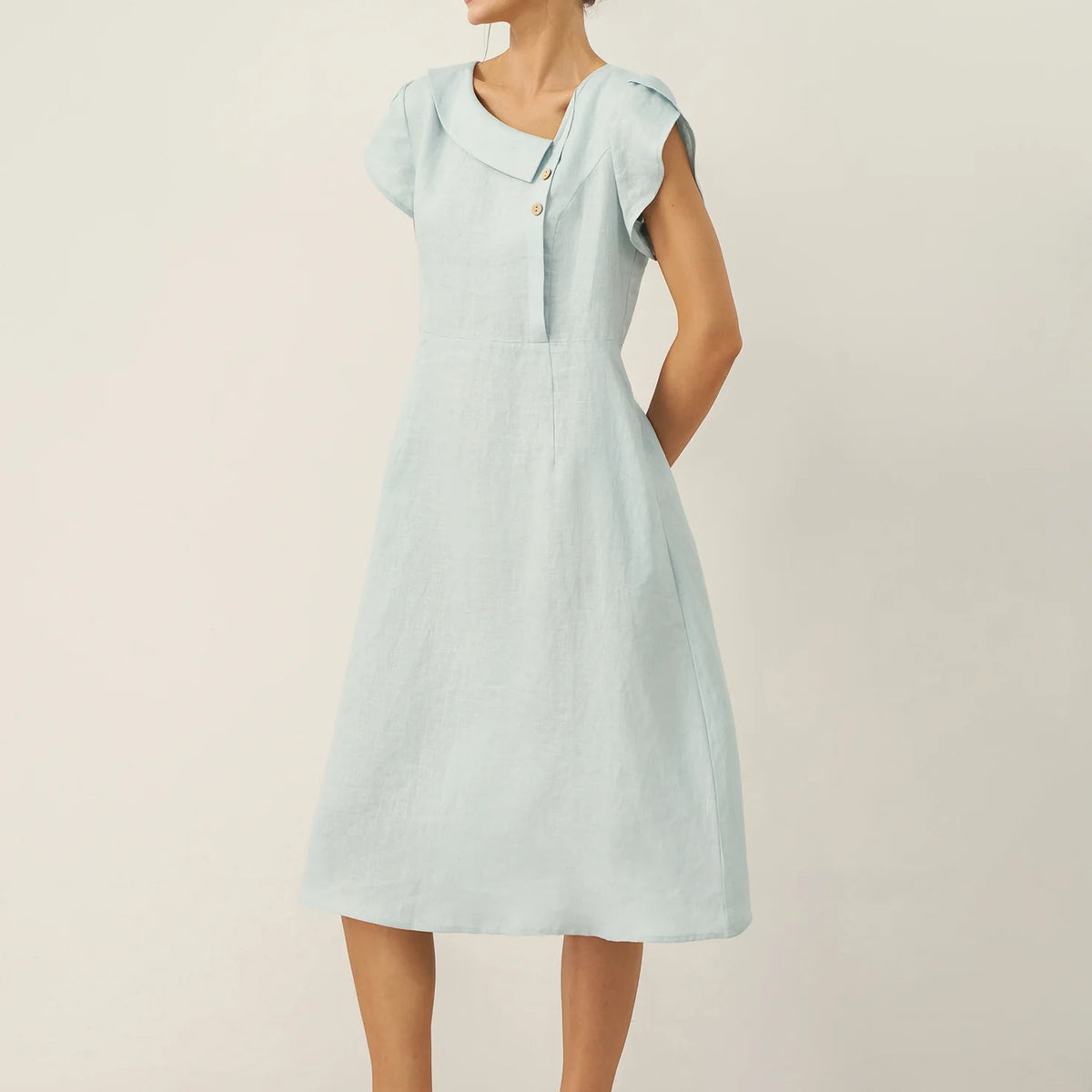 Linen Crescent Collar Flutter Sleeve Midi Dress