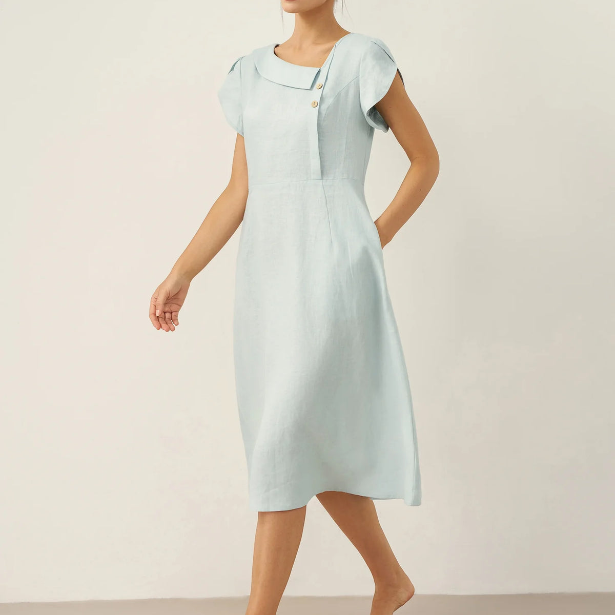 Linen Crescent Collar Flutter Sleeve Midi Dress