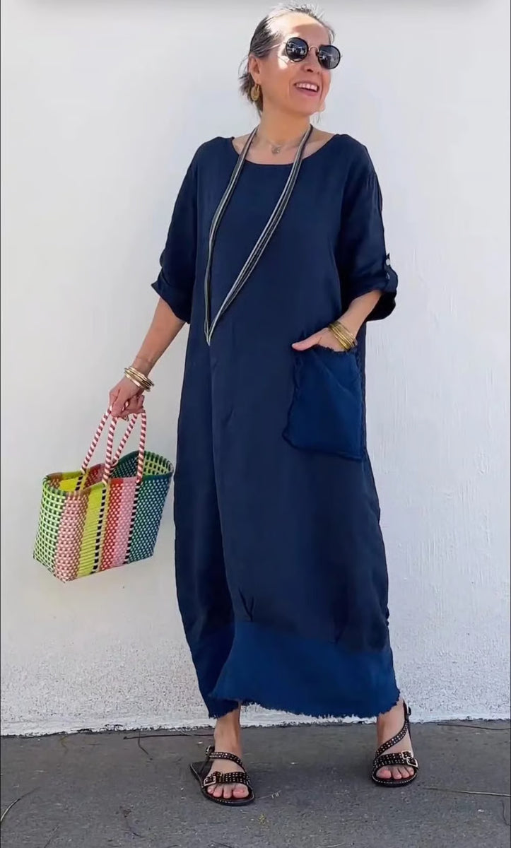 Long cotton and linen dress in patchwork style