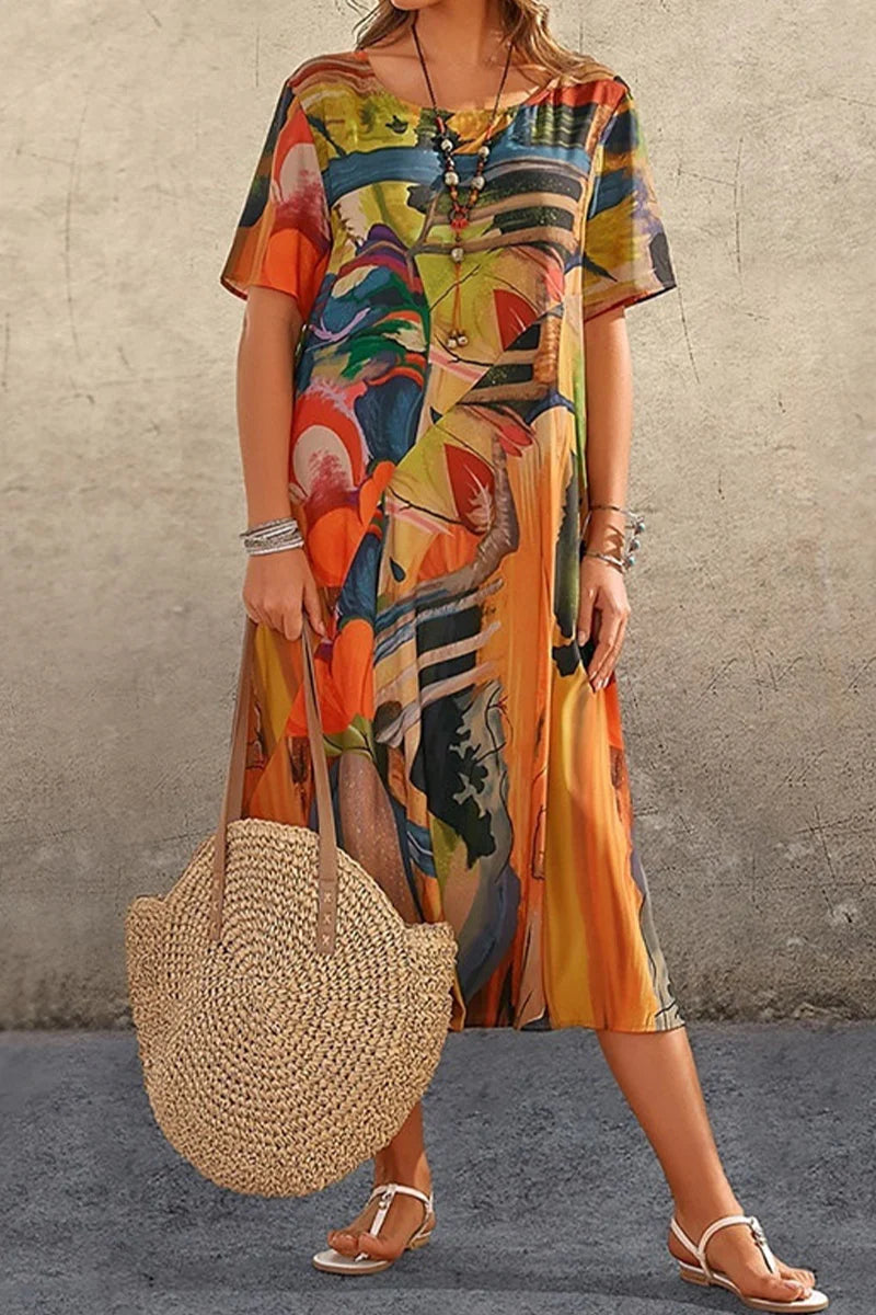 Casual Patchwork O Neck Printed Dress