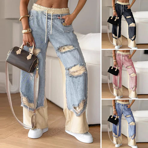 Patchwork Denim Wide Leg Pants