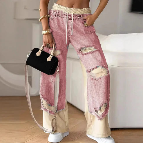 Patchwork Denim Wide Leg Pants
