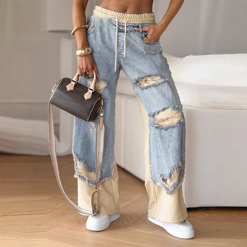 Patchwork Denim Wide Leg Pants